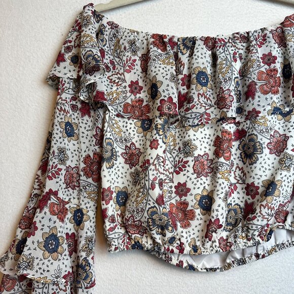 F21 Boho Crop Ruffle Blouse Off Shoulder Top Size Medium Floral Cottage Western - Picture 10 of 11